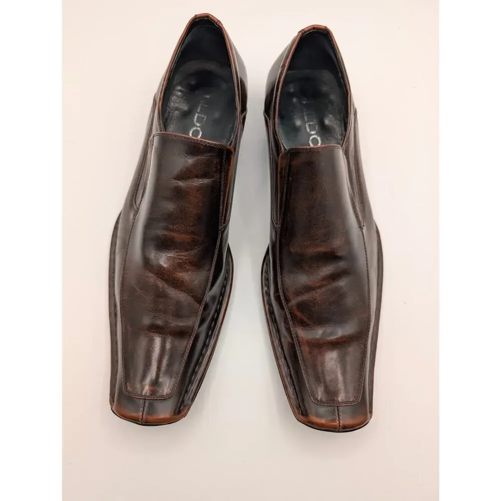 Aldo Brown Burnished Leather Square Toe Slip On Loafers Men's EU 43 US 10